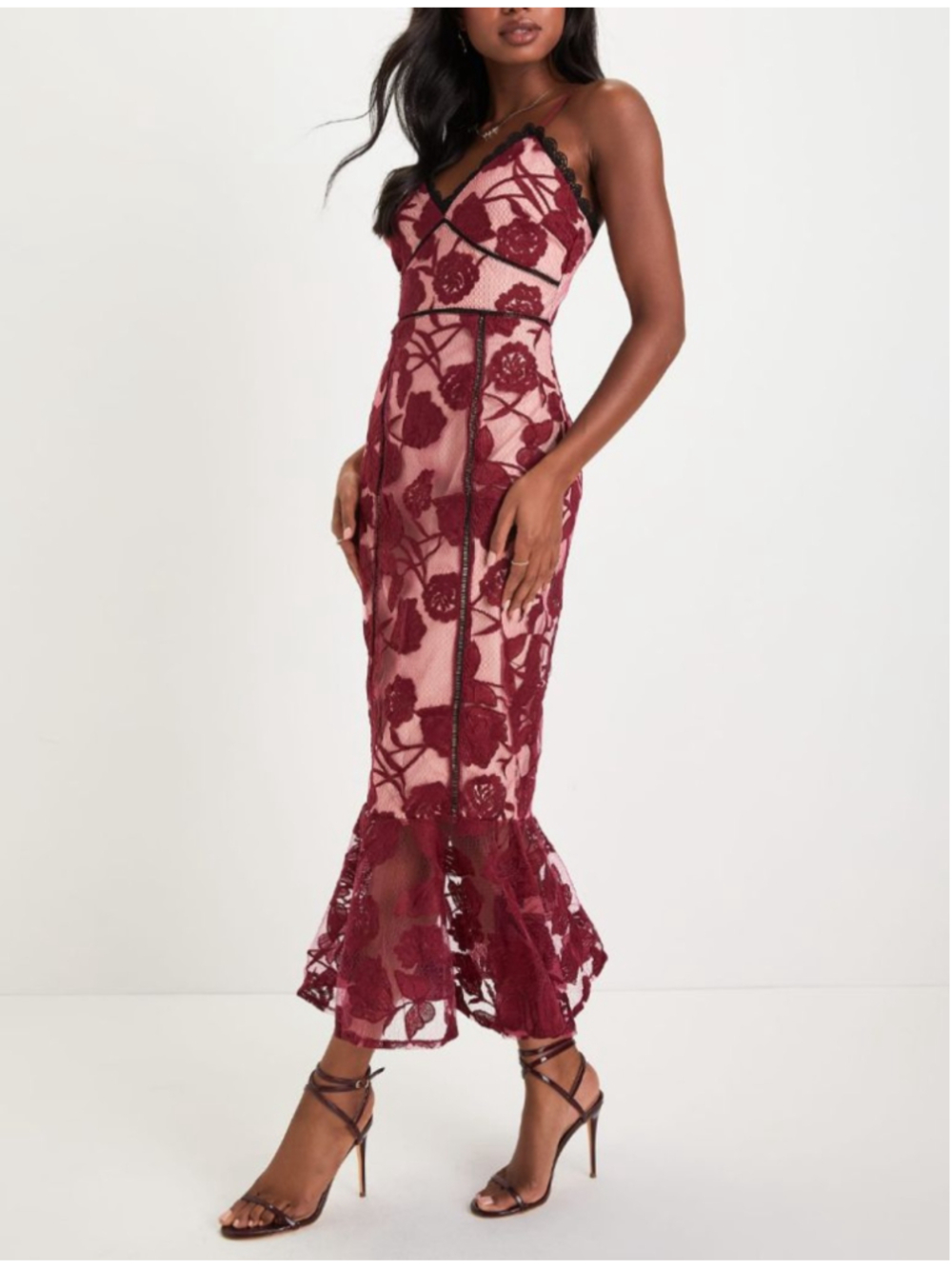 Lulus Burgundy Lace Midi Dress NWT Size M Floral Bodycon Mermaid Cocktail - Picture 2 of 13